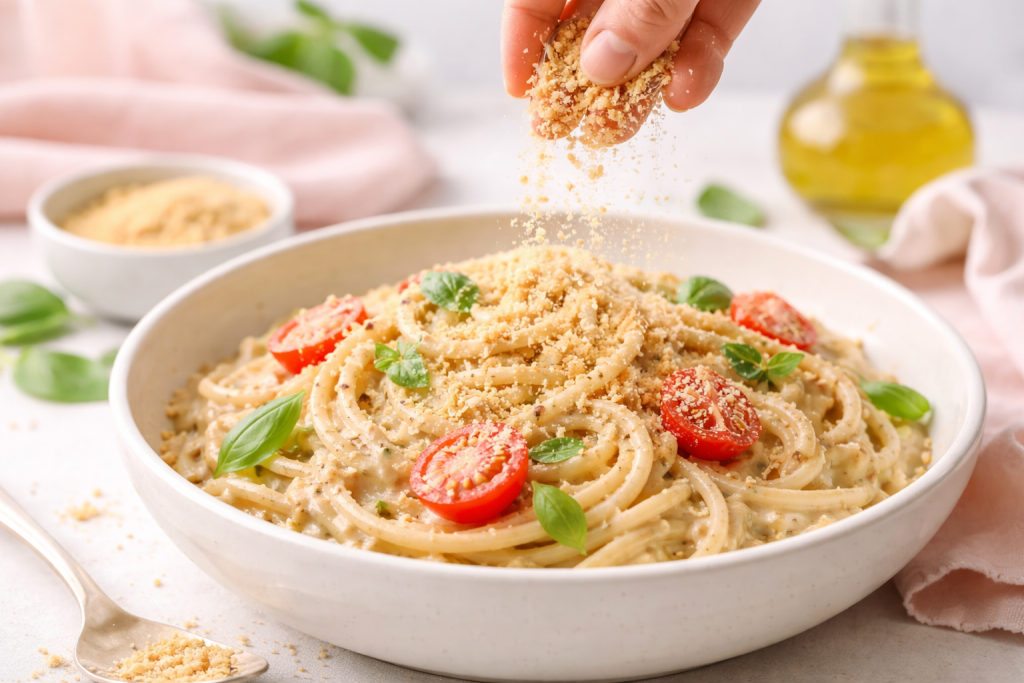 Pasta with vegan parmesan cheese